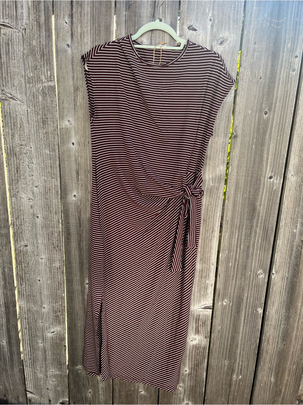 OGL Striped Tie-Waist Midi Dress in Burgundy and White